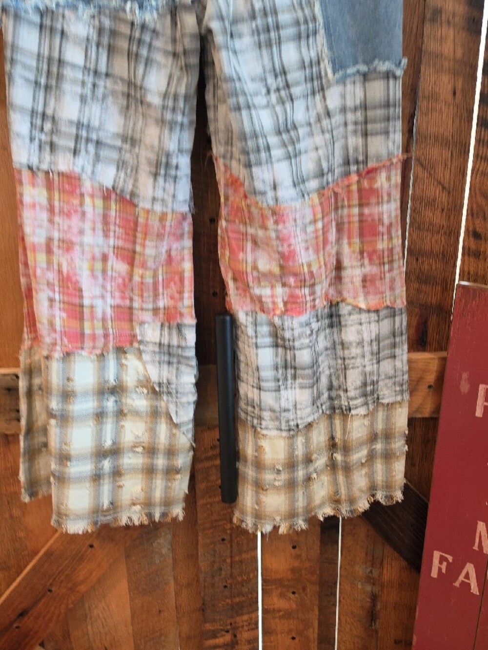 121p POL Patchwork Flare Jeans in Blue Denim with Plaid Panels - Picture 9 of 10